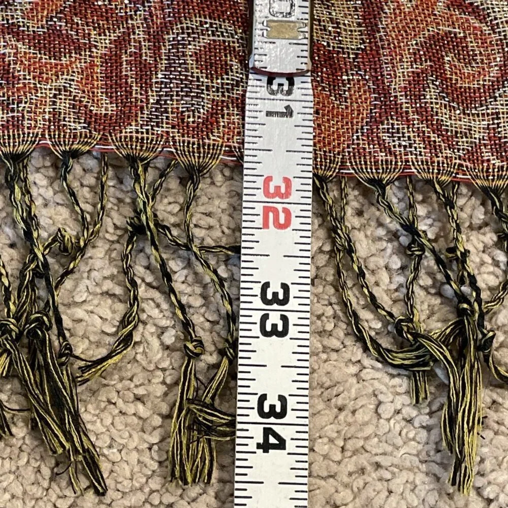Womens Shawl Wrap Scarf 27 x 68 Paisley Floral Red Metallic Tapestry Fringe Boho